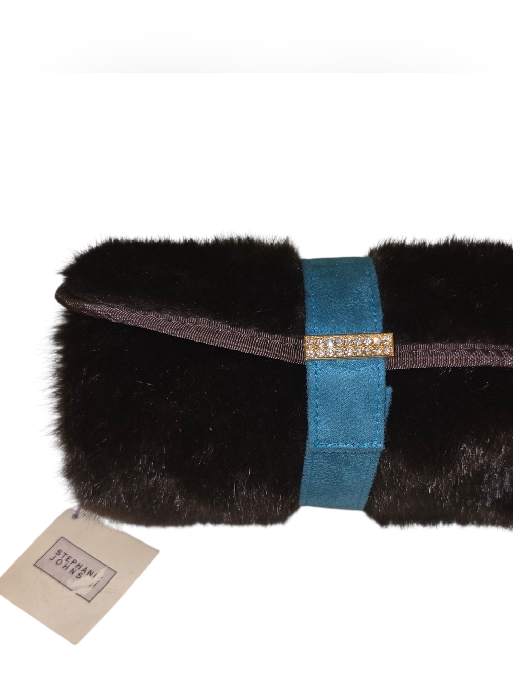 Stephanie Johnson Black Faux Fur Clutch with Teal Strap
